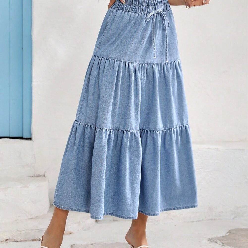 Light Blue Boho Women's Loose Elastic Waist Denim Skirt - Picture 6 of 6